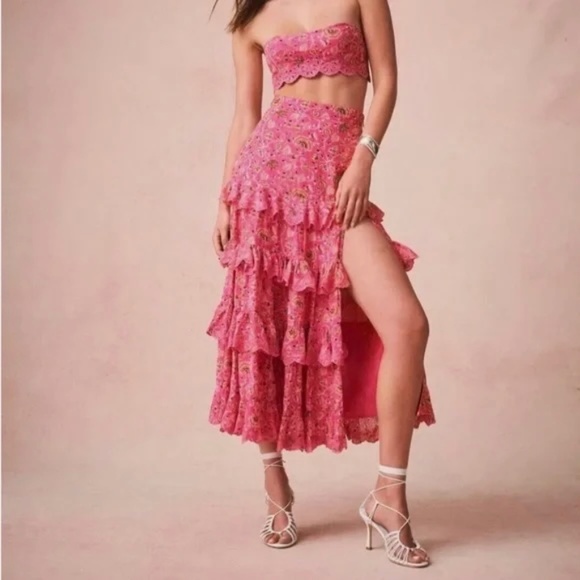 Caroline Constas Dresses & Skirts - Caroline Constas 2pc Set Crop Spaghetti Top Maxi Skirt Pink Cotton Eyelet Ruffle